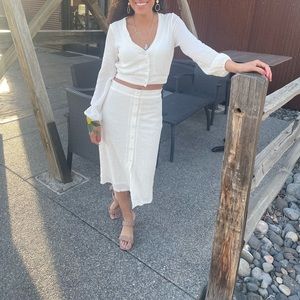 Lulu’s Rules of Romance White Button up Long Sleeve Crop top and Midi Skirt.